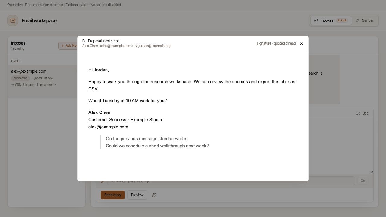 Preview renders the example reply and signature without sending it.
