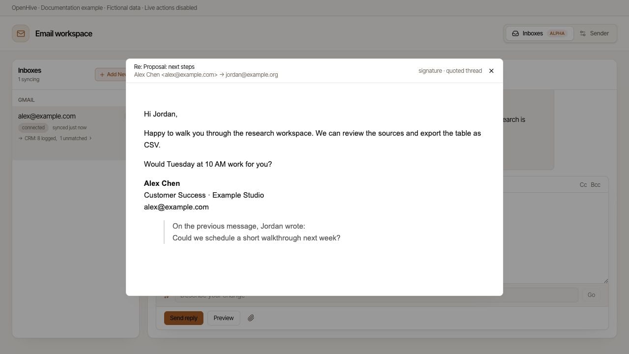 Preview renders the example reply and signature without sending it.