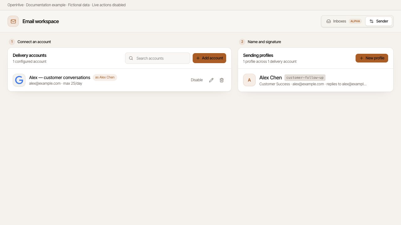 Sender separates delivery accounts from sending profiles.