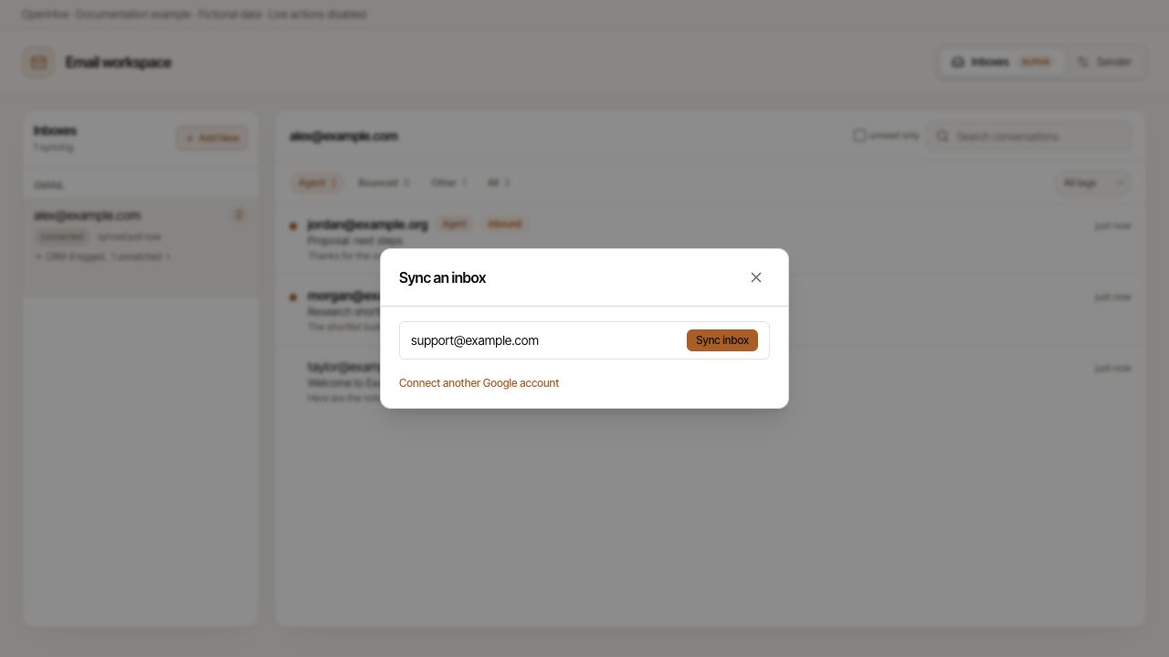 Sync an inbox using an example mailbox address.