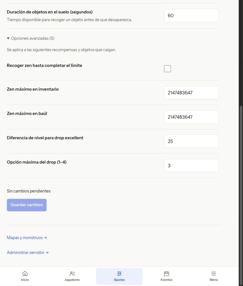 Límites de Zen y drop con su botón Guardar cambios
