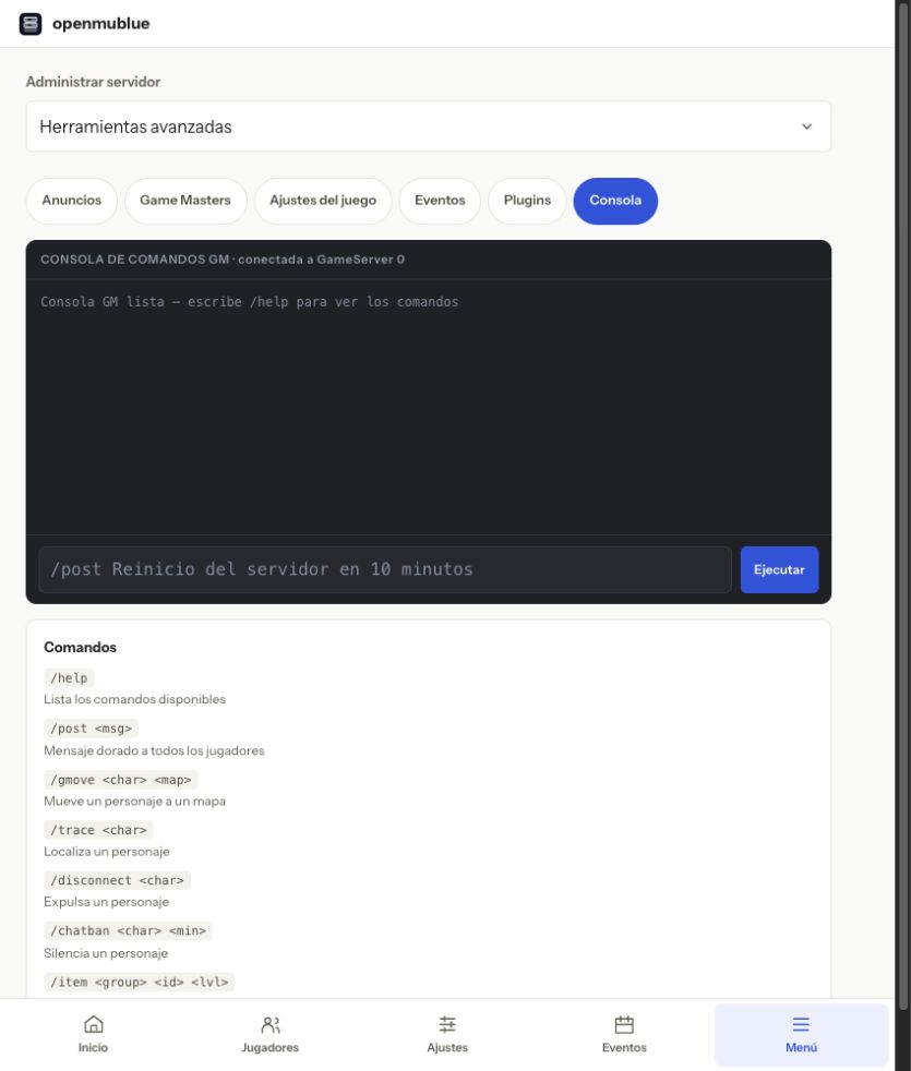 Consola de administración — panel actual