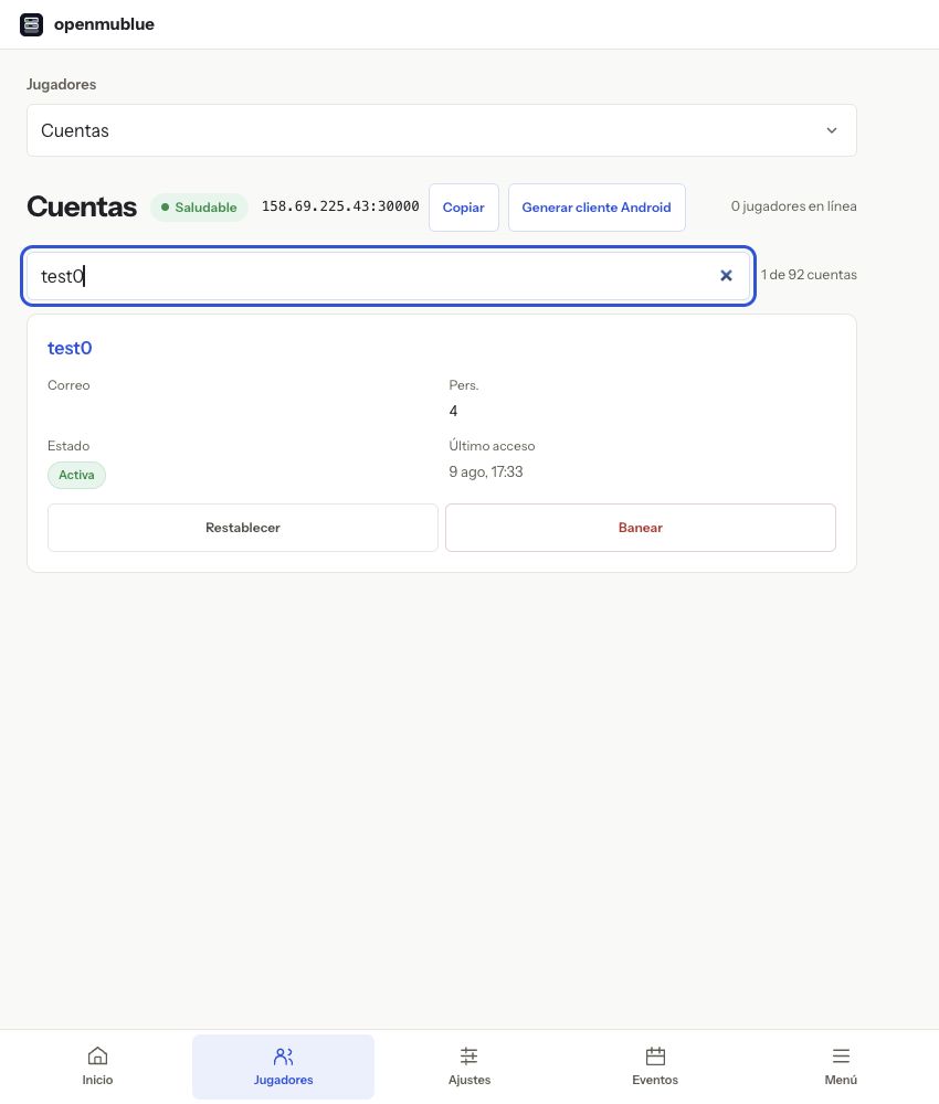Cuentas del juego — panel actual