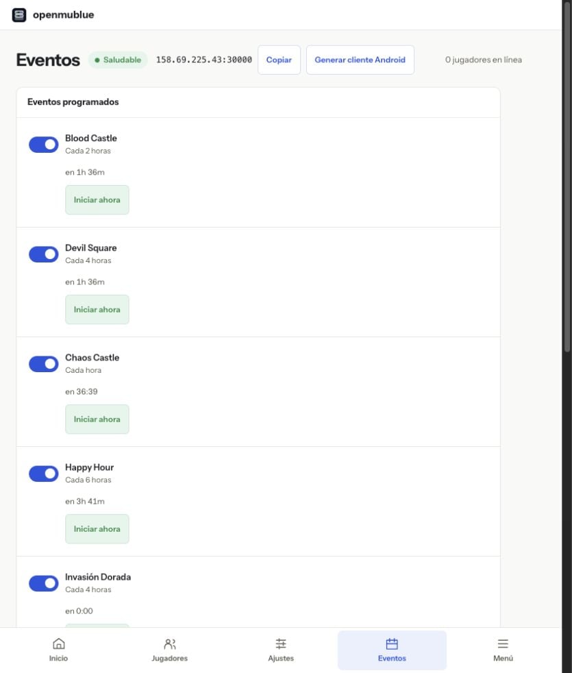 Eventos del servidor — panel actual