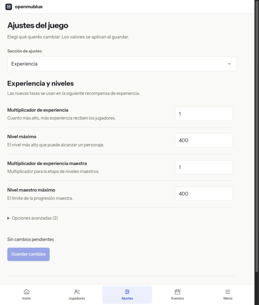 Experiencia y niveles en el panel actual