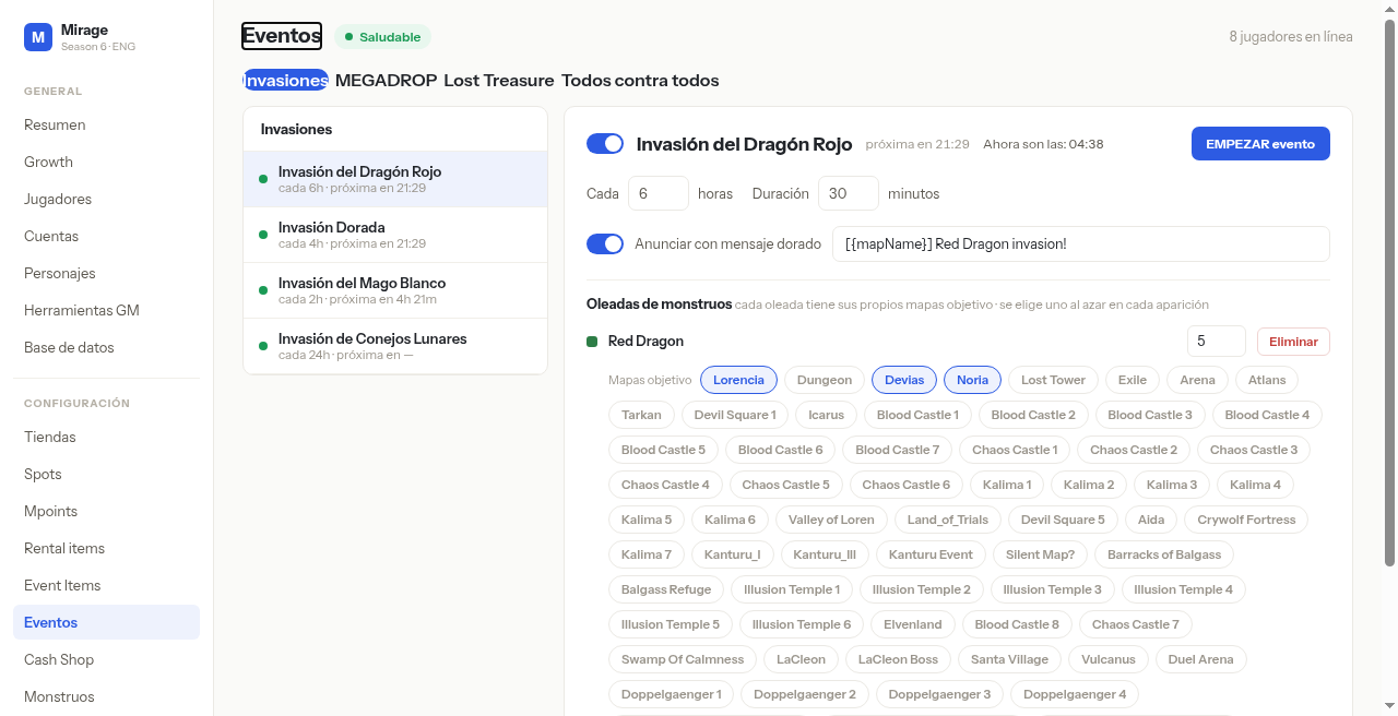 Eventos — Invasiones con lista y detalle