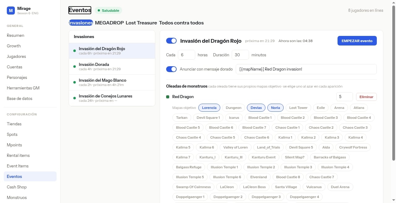 Eventos — Invasiones con lista y detalle