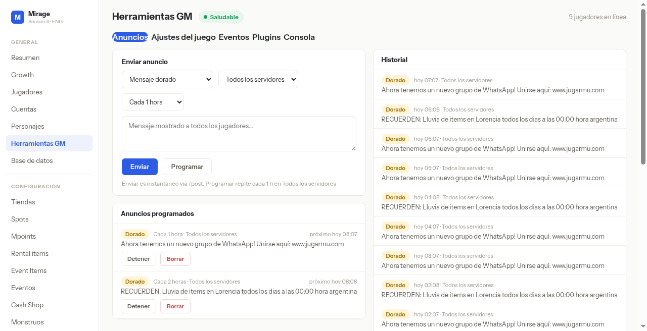 Herramientas GM — Anuncios: Enviar anuncio, programados e Historial