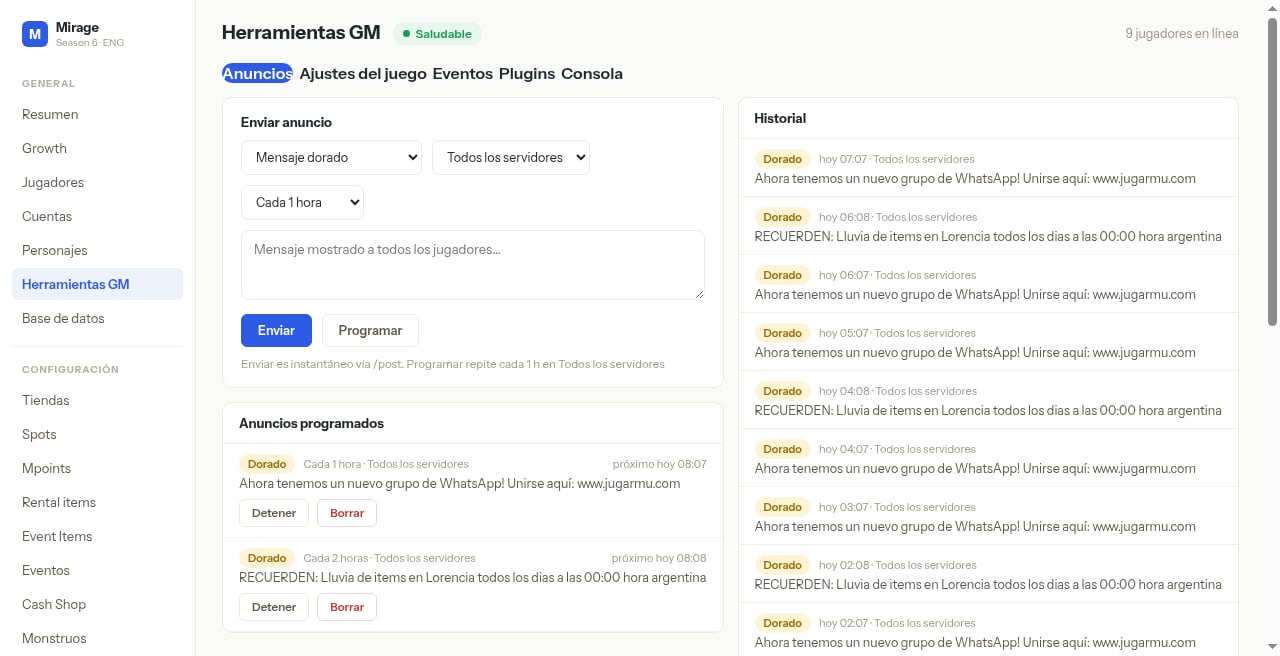 Herramientas GM — Anuncios: Enviar anuncio, programados e Historial