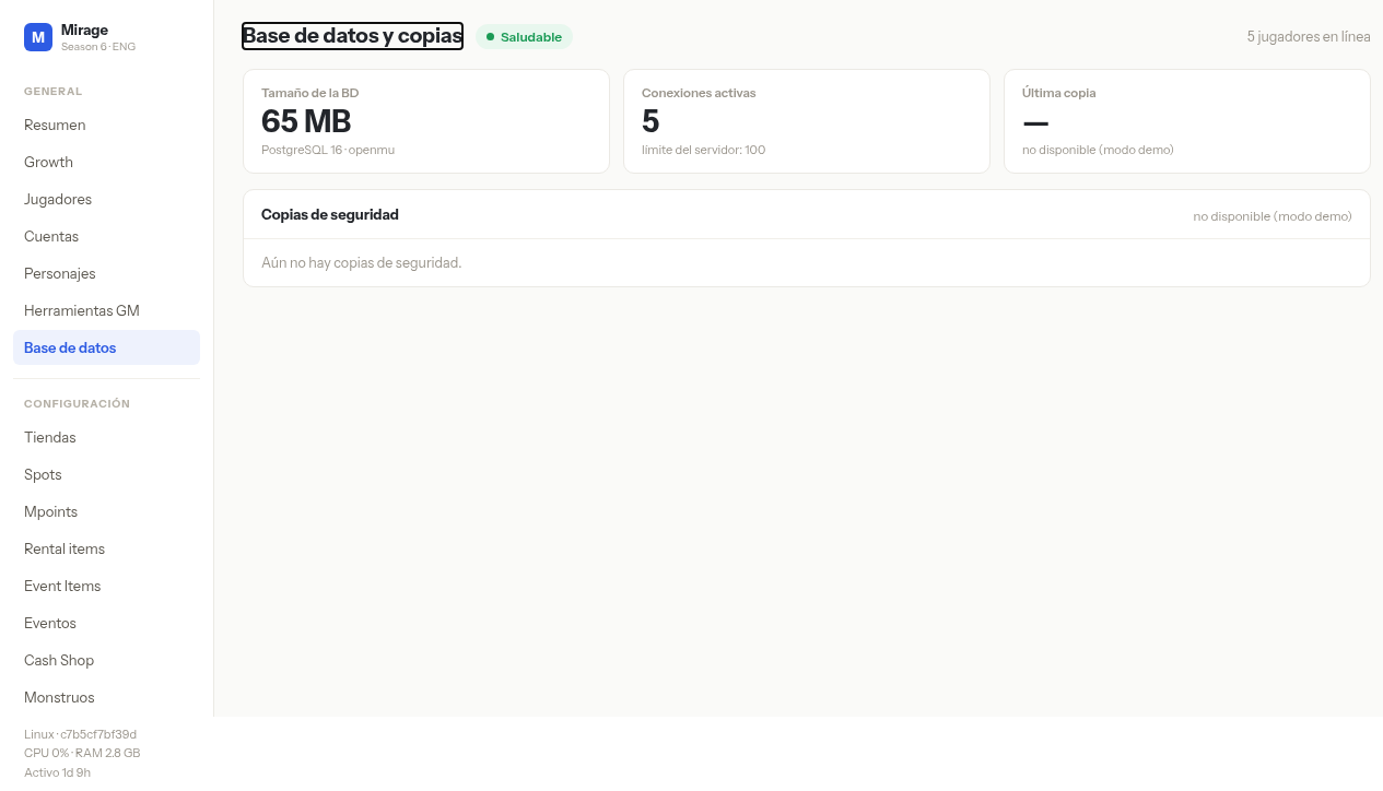 Última copia — y Copias de seguridad: no disponible (modo demo) / Aún no hay copias