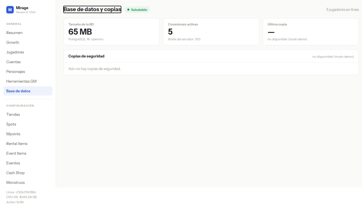 Última copia — y Copias de seguridad: no disponible (modo demo) / Aún no hay copias