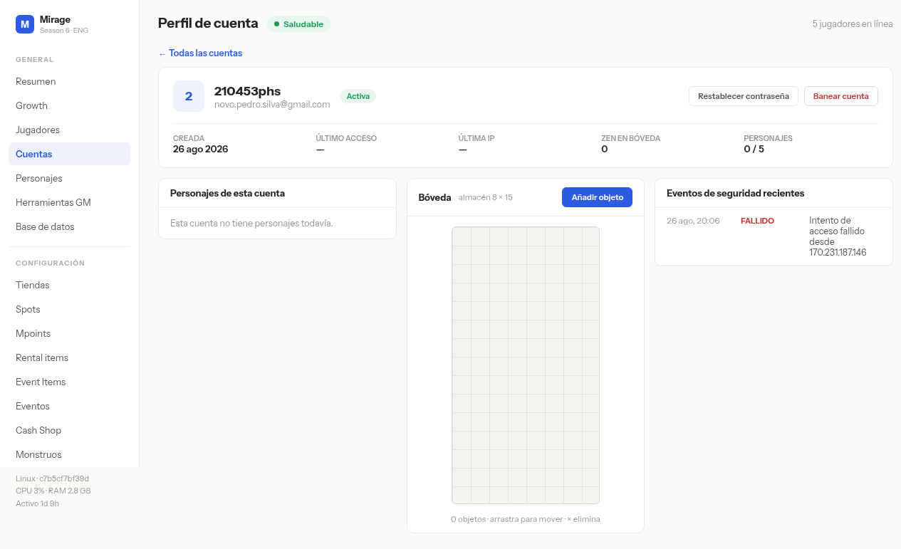 Perfil de cuenta: identidad, bóveda 8×15 y eventos de seguridad