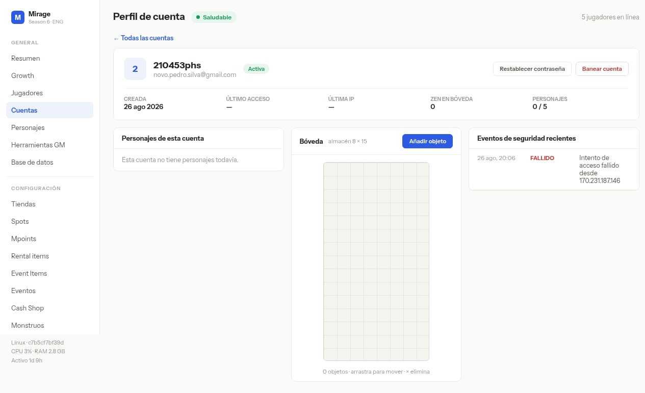 Perfil de cuenta: identidad, bóveda 8×15 y eventos de seguridad
