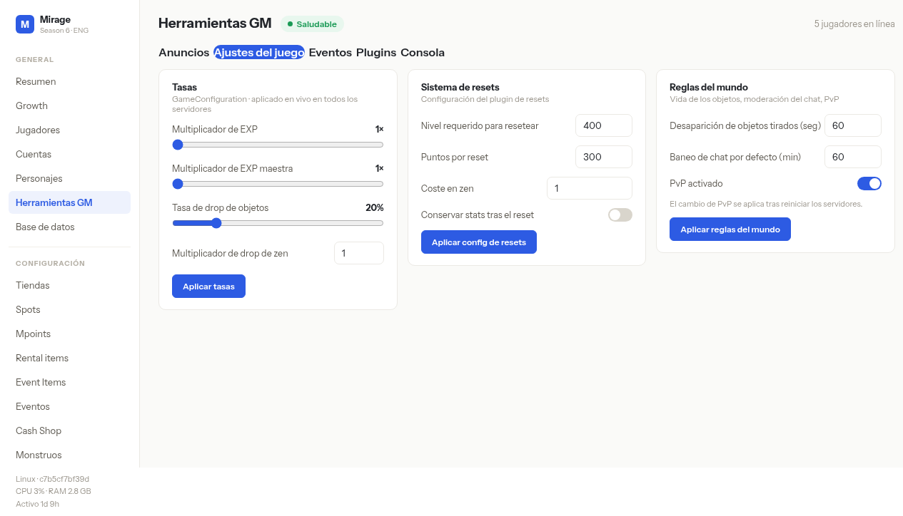 Herramientas GM — Ajustes del juego: Tasas, resets y reglas
