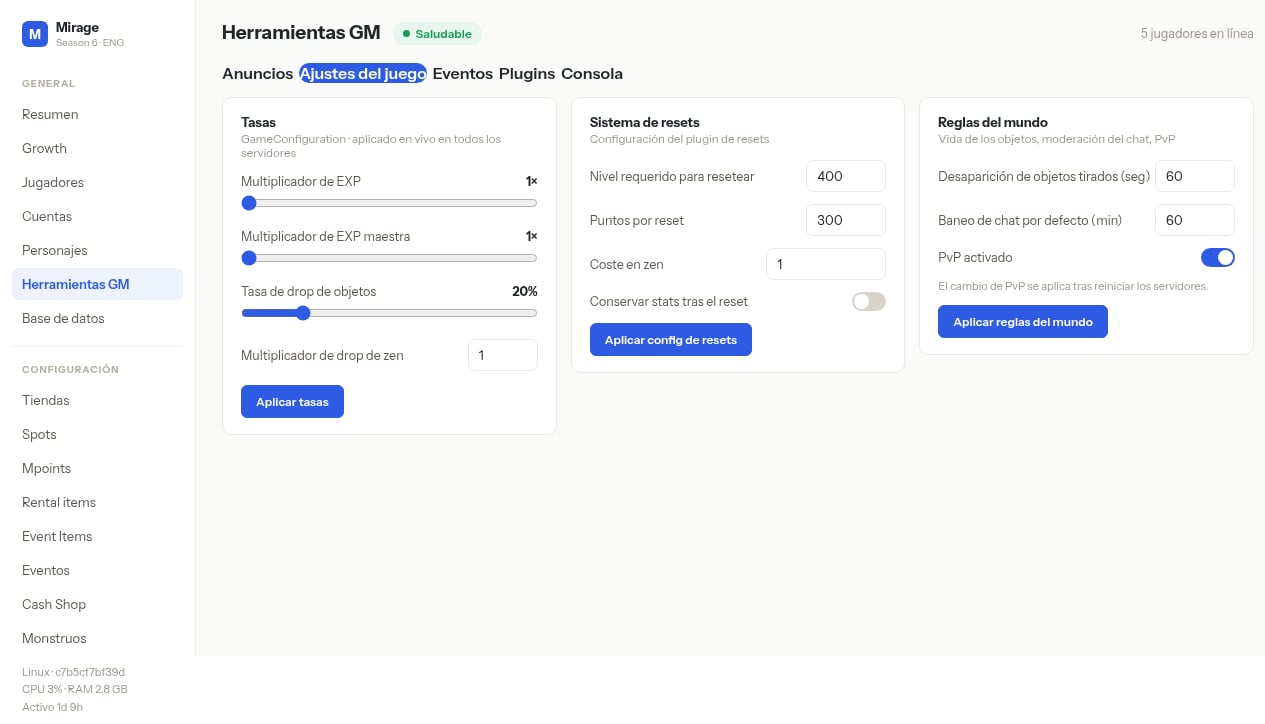 Herramientas GM — Ajustes del juego: Tasas, resets y reglas