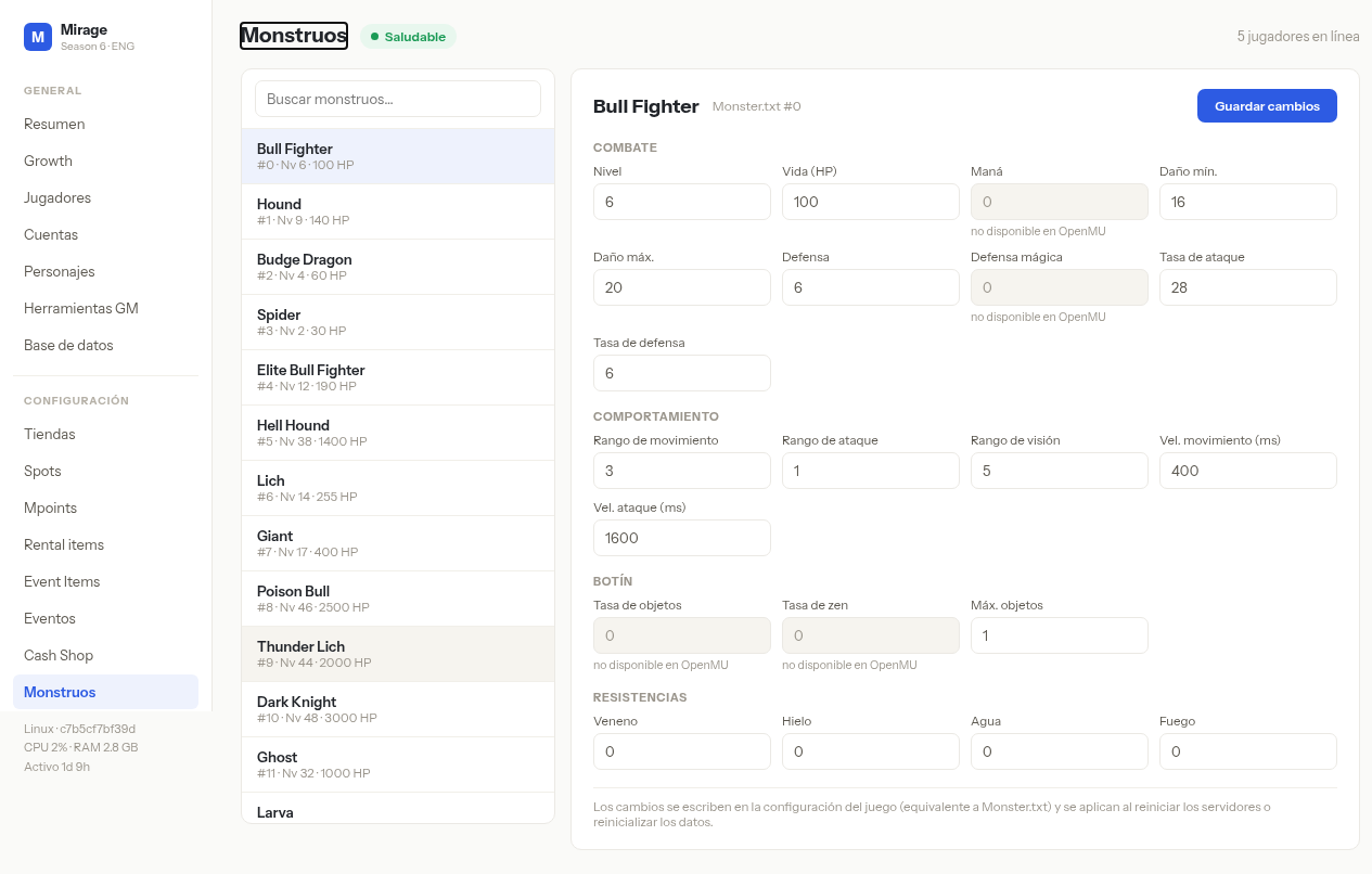 Monstruos: lista y editor completo
