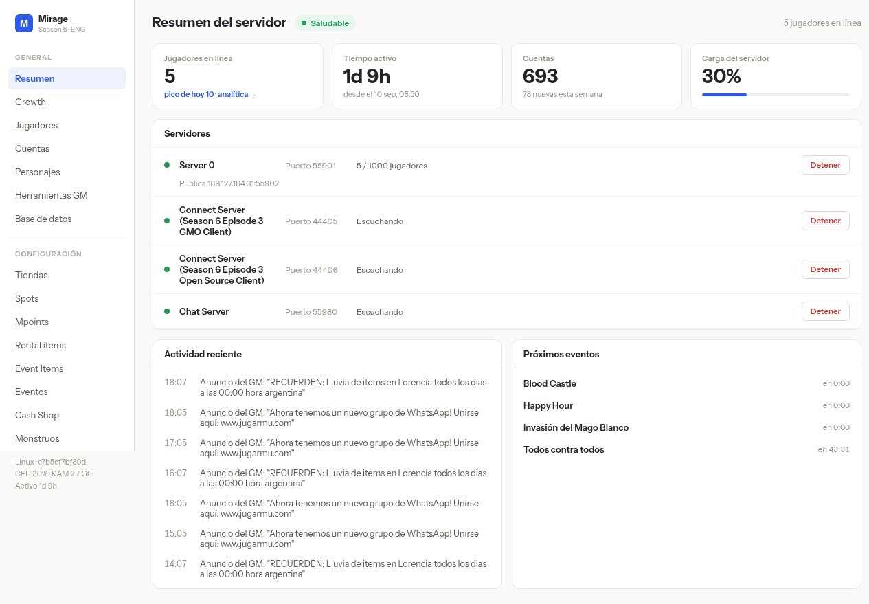 Resumen del servidor — tarjetas KPI y lista de Servidores