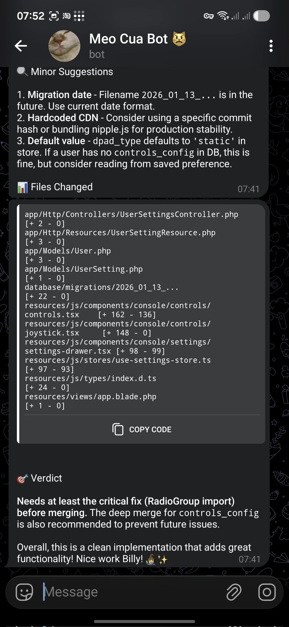 OpenAEON PR review feedback delivered in Telegram
