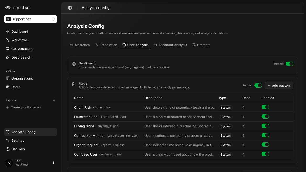 Analysis configuration page showing the Metadata tab with discovered fields