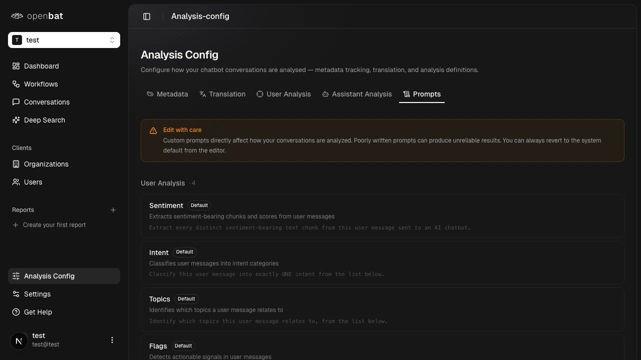 Prompts tab showing editable AI prompts for Sentiment, Intent, Topics, and Flags