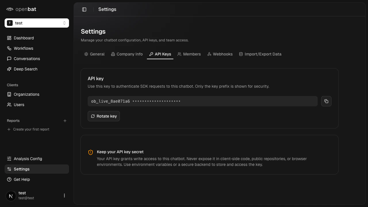 API key management with copy and rotate buttons
