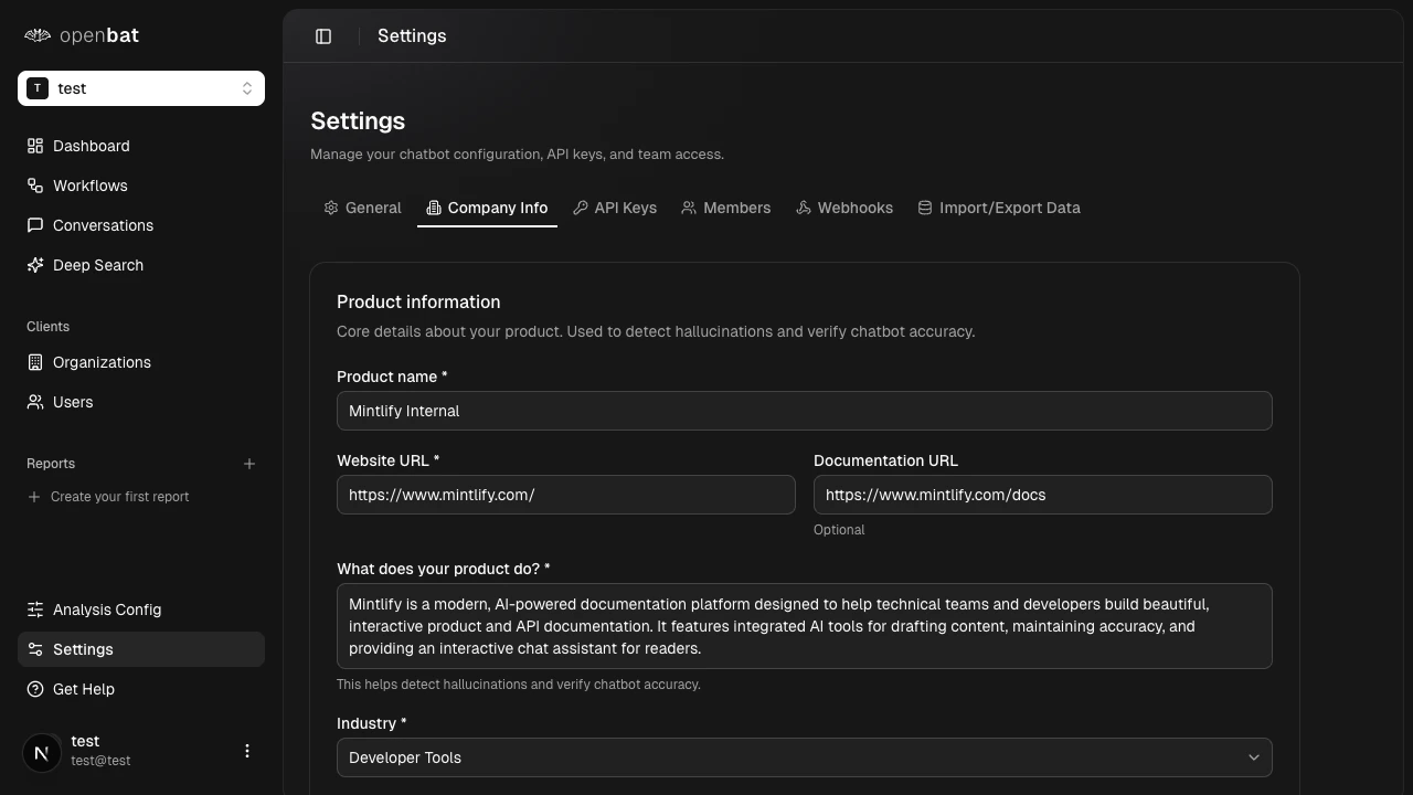 Company Info tab with product details form
