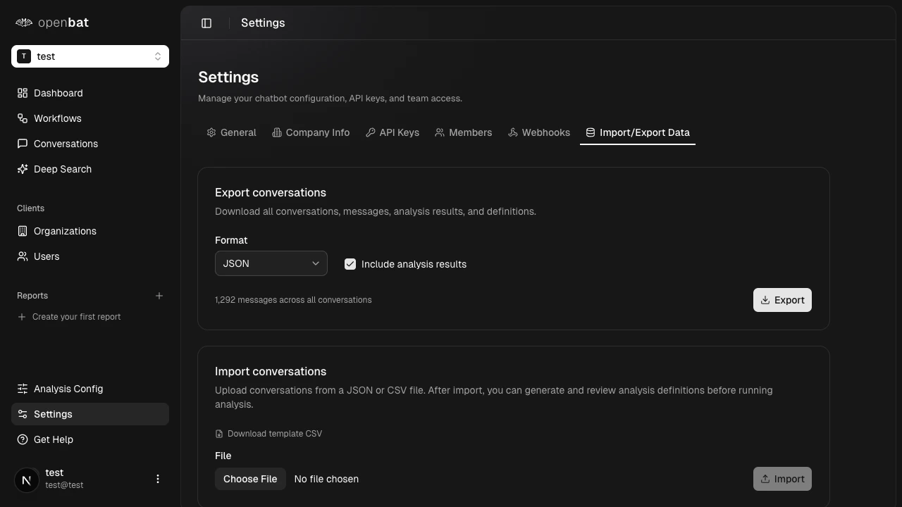 Import/Export Data tab showing JSON export with analysis toggle and CSV/JSON import