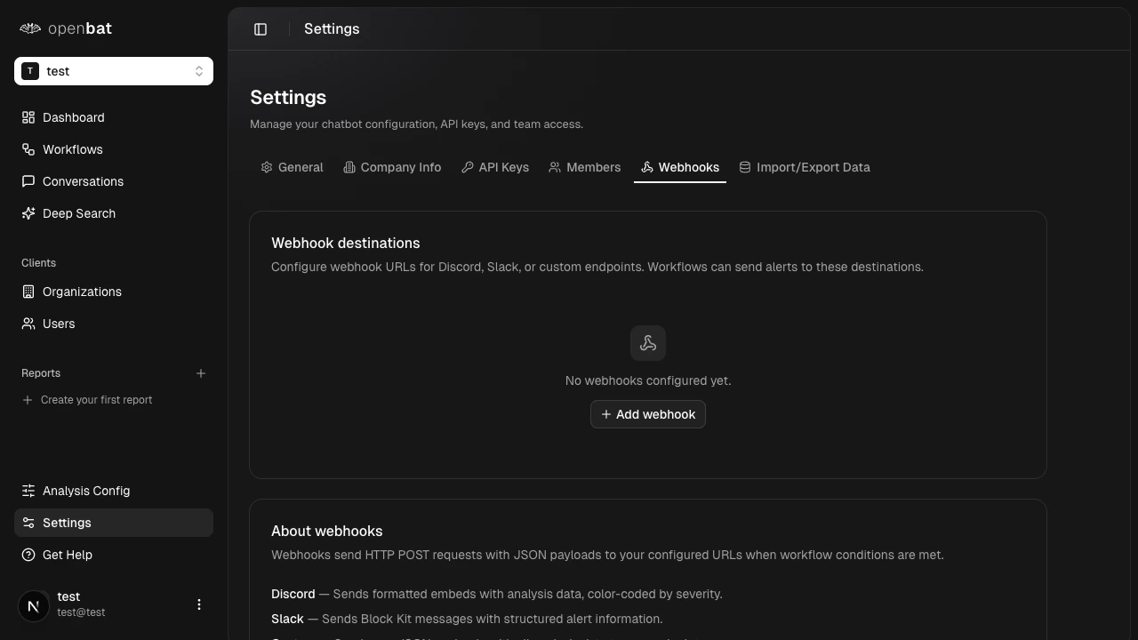 Webhooks tab showing options for Discord, Slack, and custom endpoints