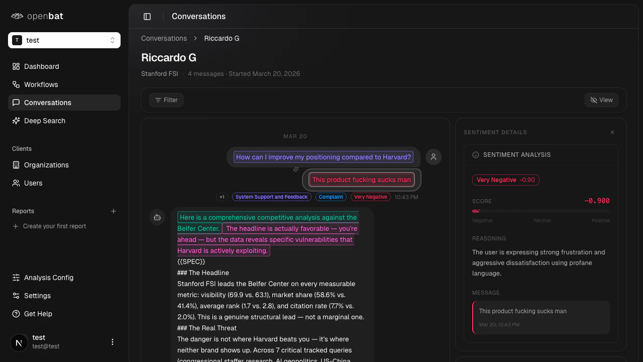 Sentiment annotation detail panel showing score, reasoning, and message preview