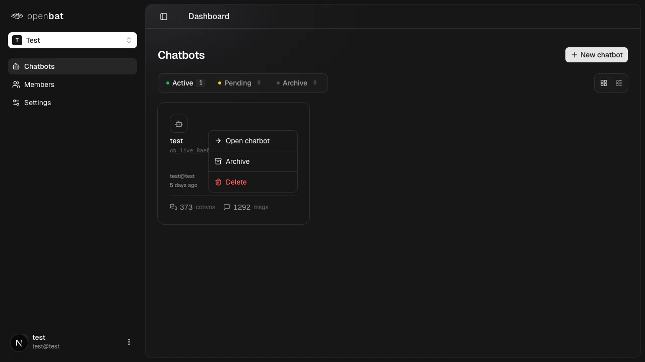 Chatbot context menu with Open chatbot, Archive, and Delete options