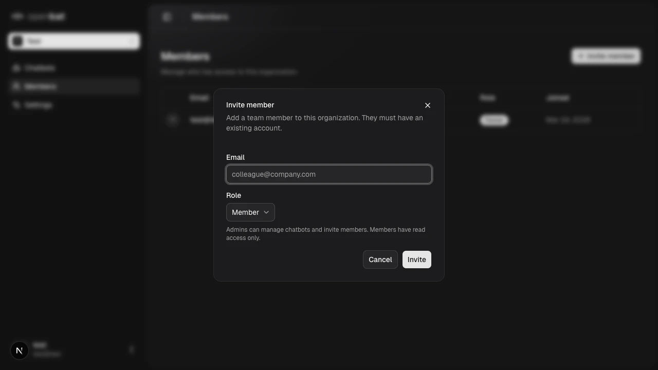 Invite member modal with email field and role dropdown