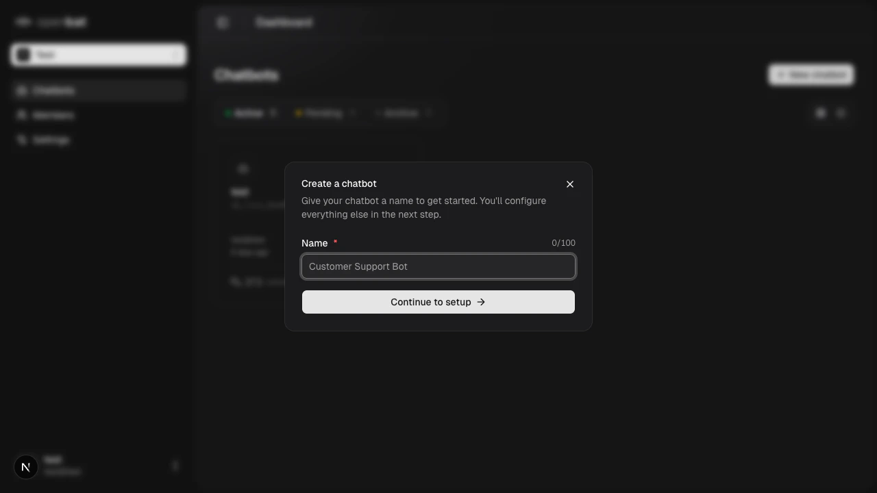 Create chatbot modal with name field and character counter