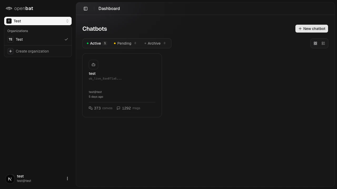 Organization switcher dropdown showing org list and create option