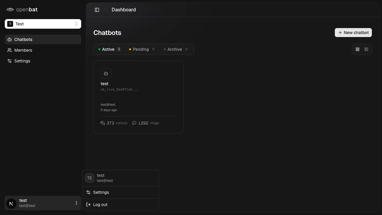 User profile popover showing name, email, settings link, and log out