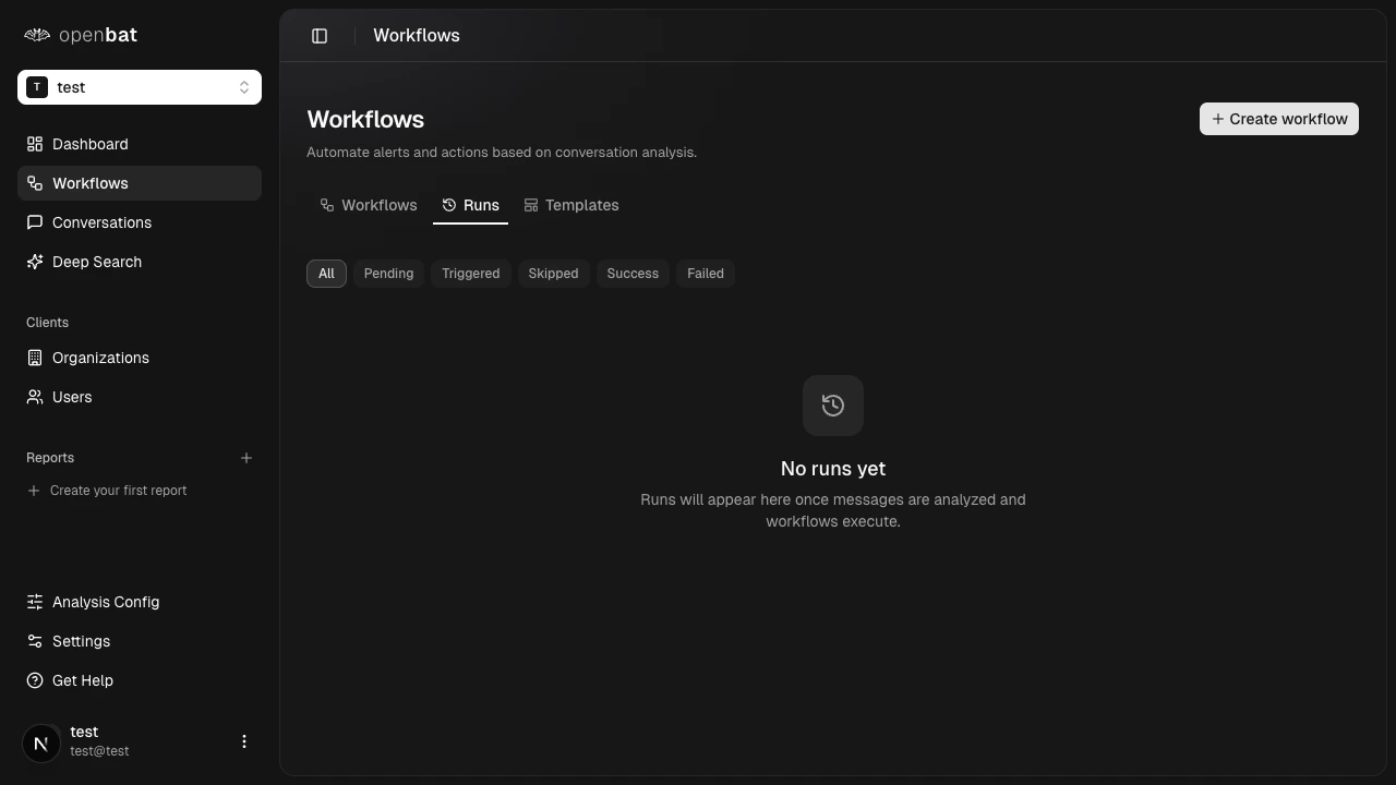 Workflow runs tab with status filters