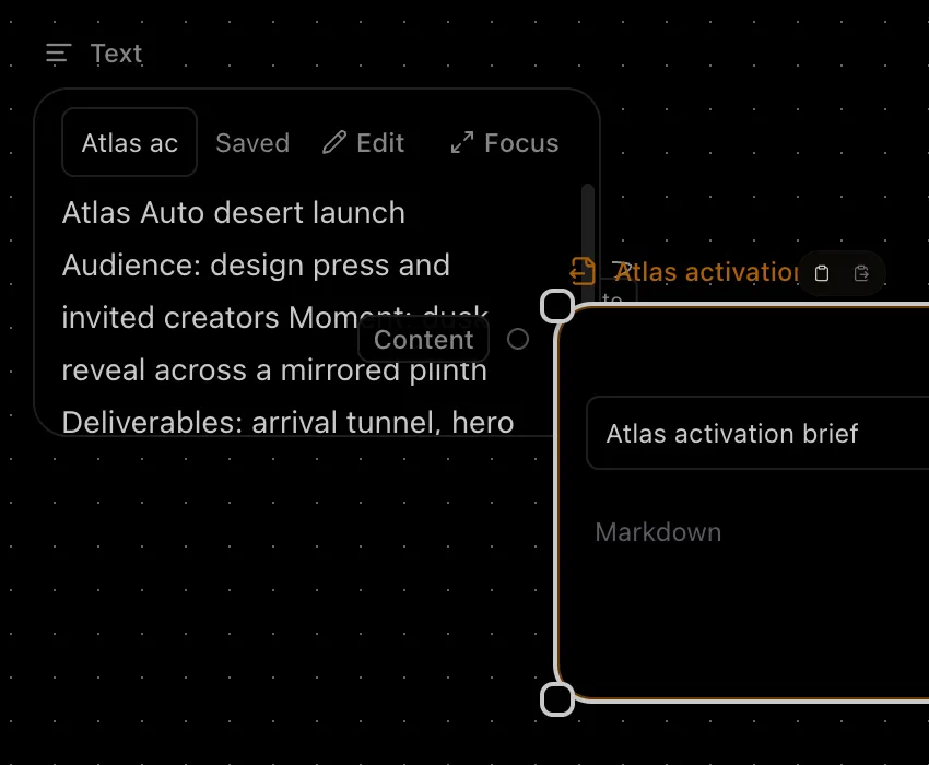 Dark Canvas workspace with an Atlas activation brief Text node connected to a Markdown Export node.