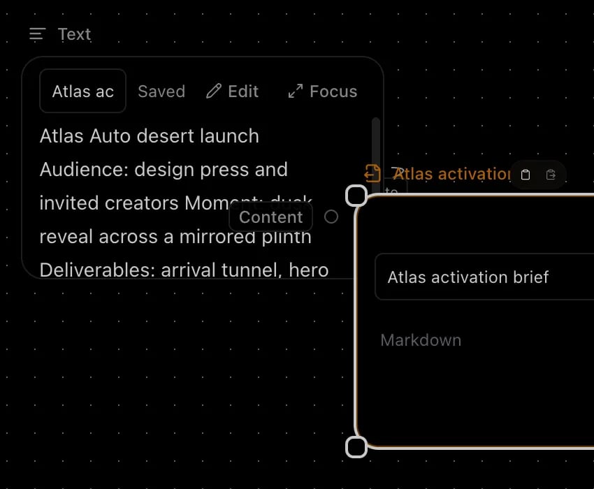 Dark Canvas workspace with an Atlas activation brief Text node connected to a Markdown Export node.