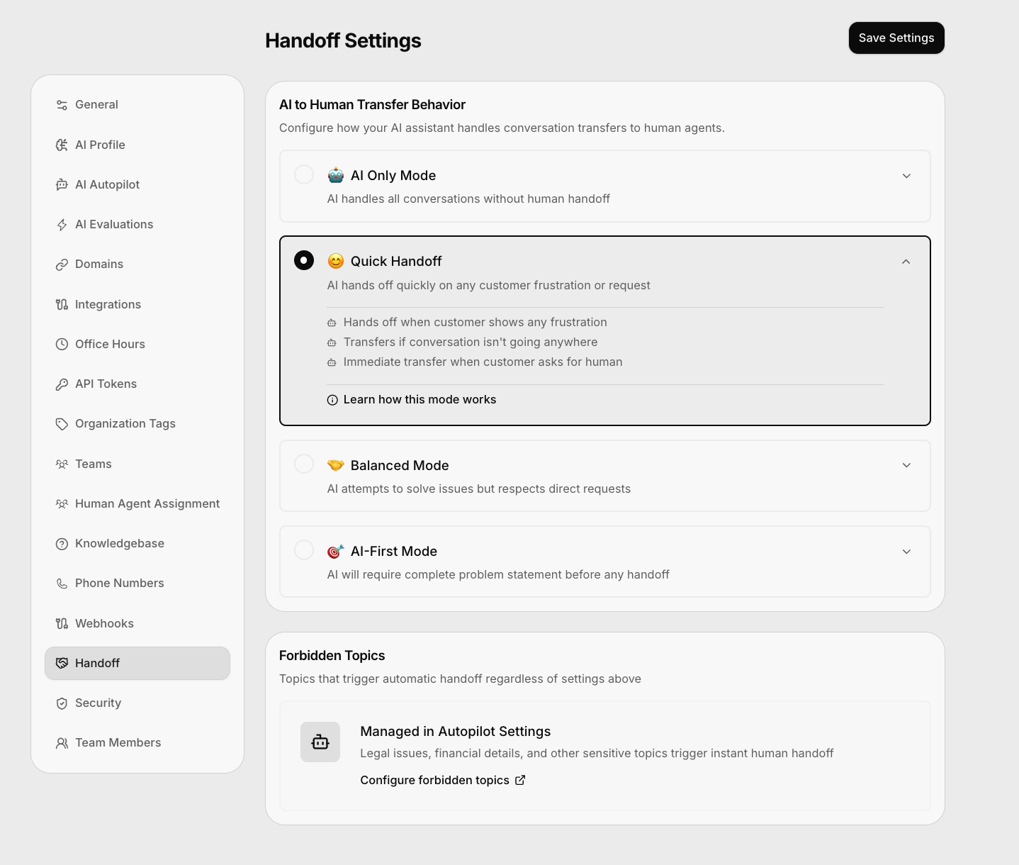 Handoff settings