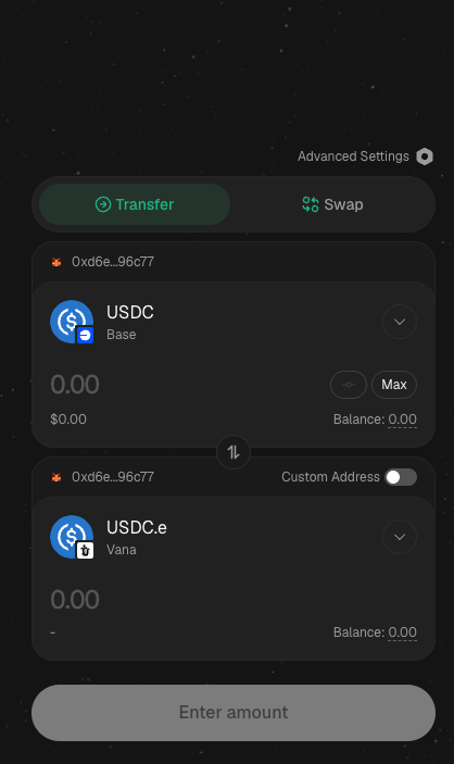 Stargate route selection bridging USDC on Base to USDC.e on Vana