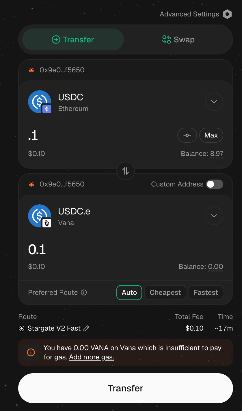 Stargate warning that a Vana wallet with 0.00 VANA is insufficient to pay for gas