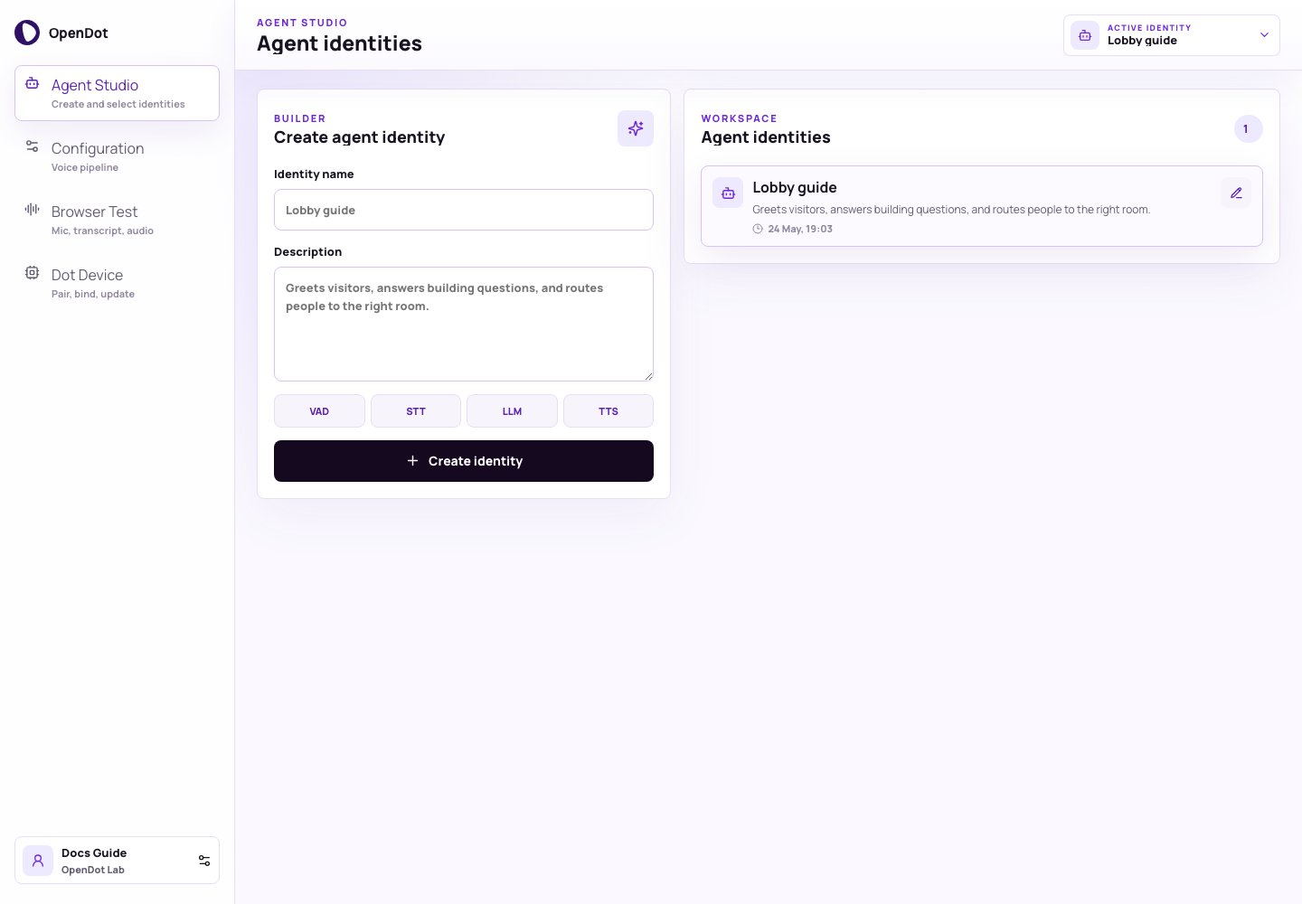 OpenDot Agent Studio screen