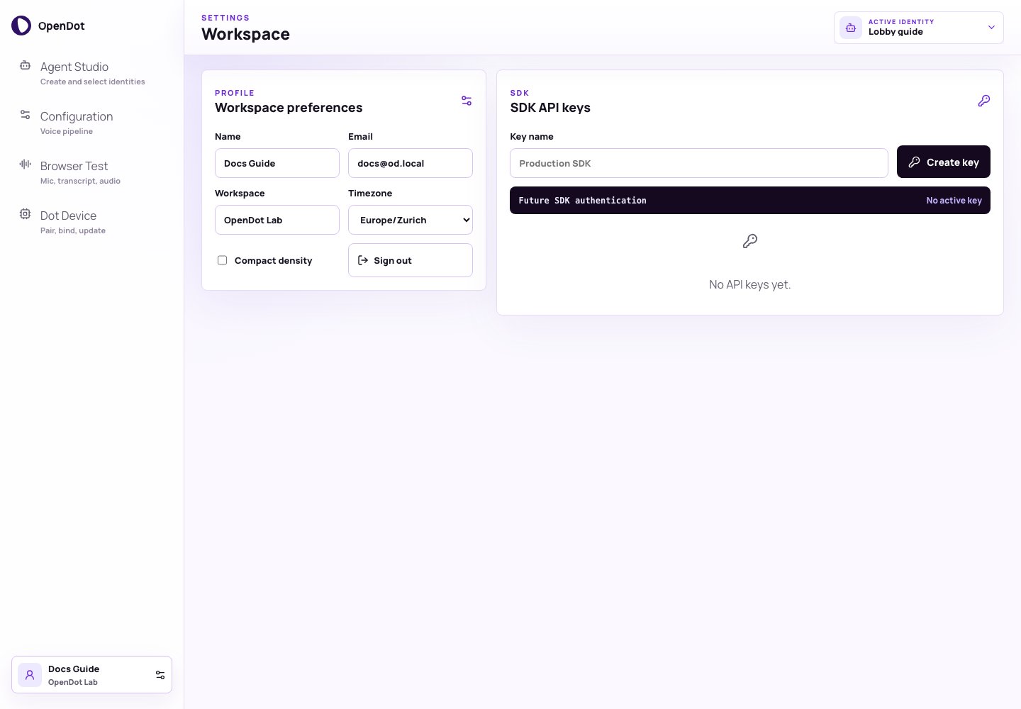 OpenDot Settings screen