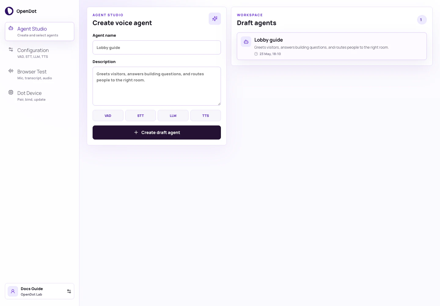OpenDot Agent Studio screen