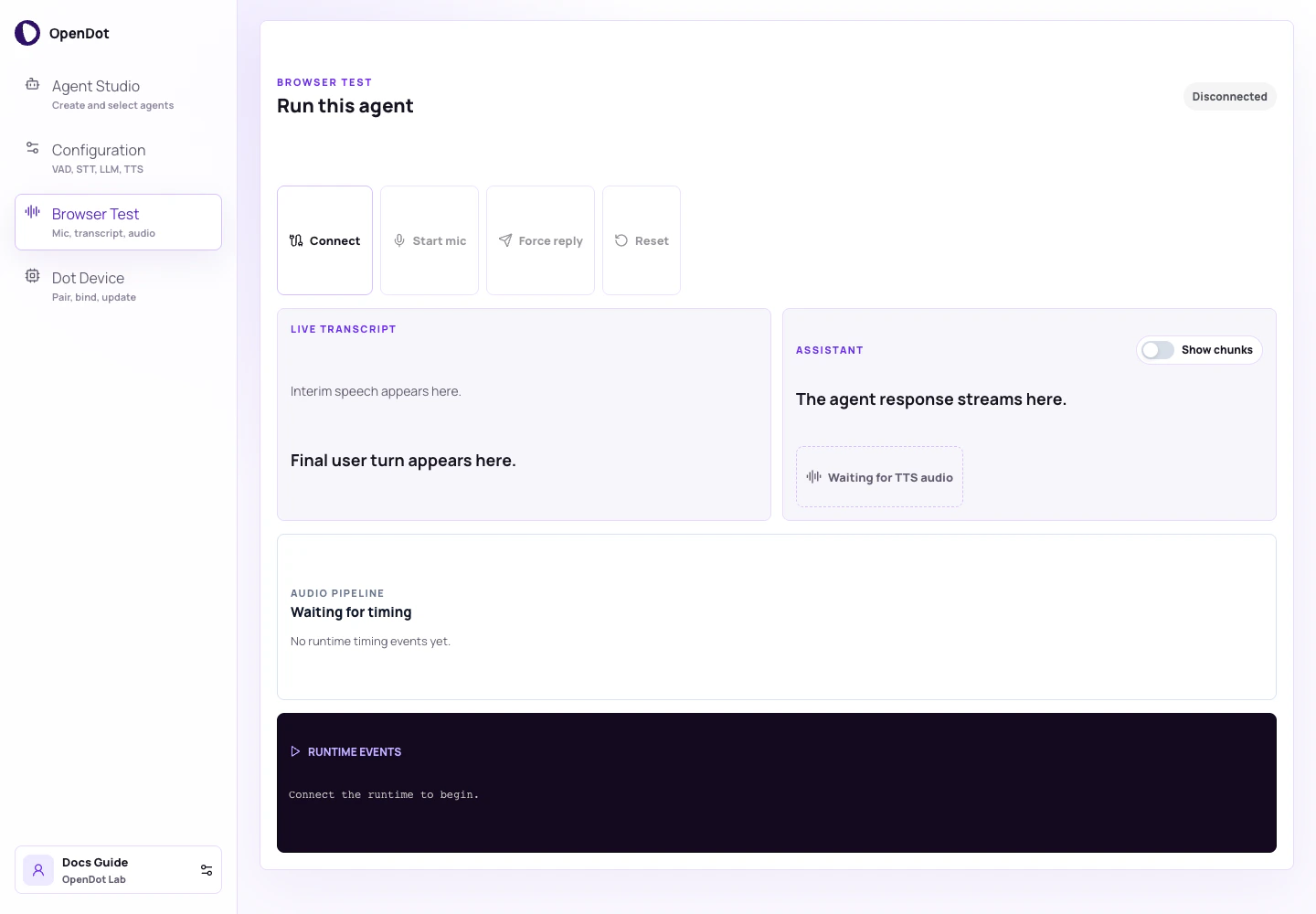 OpenDot Browser Test screen