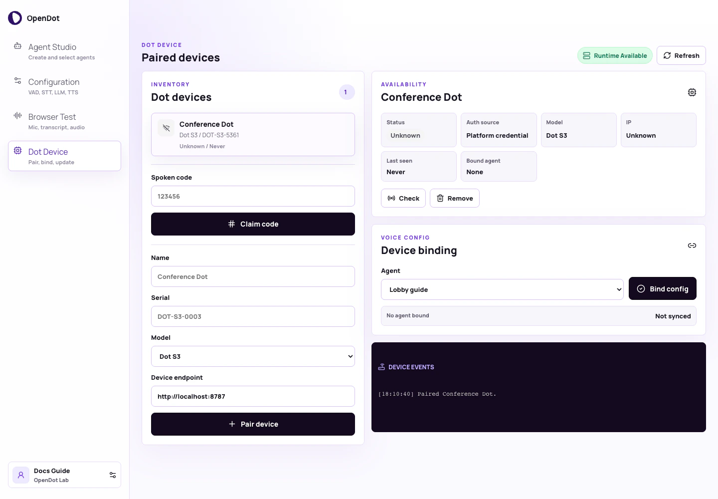OpenDot Dot Device screen