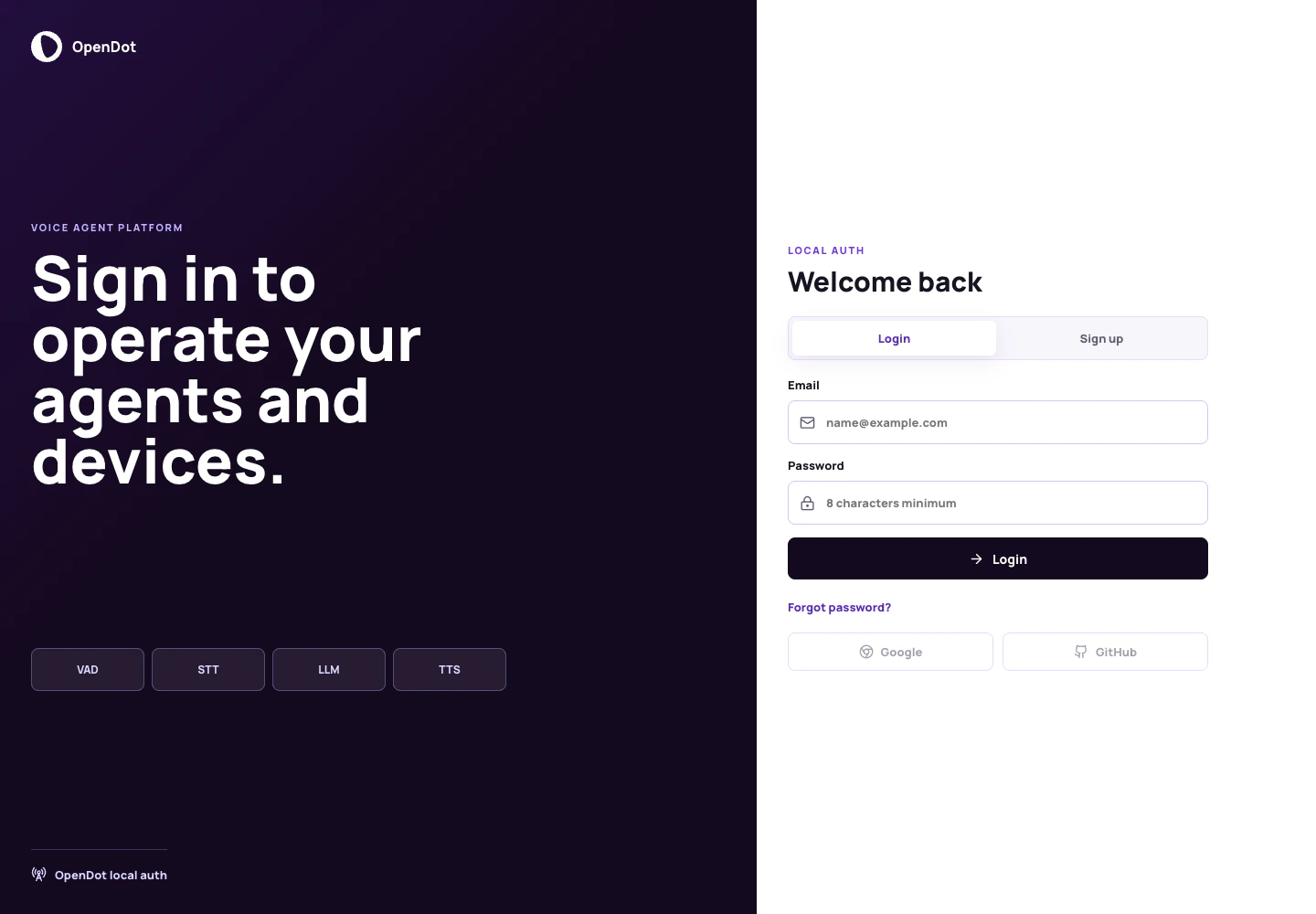 OpenDot login and signup screen