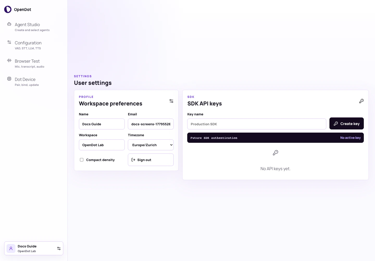 OpenDot Settings screen