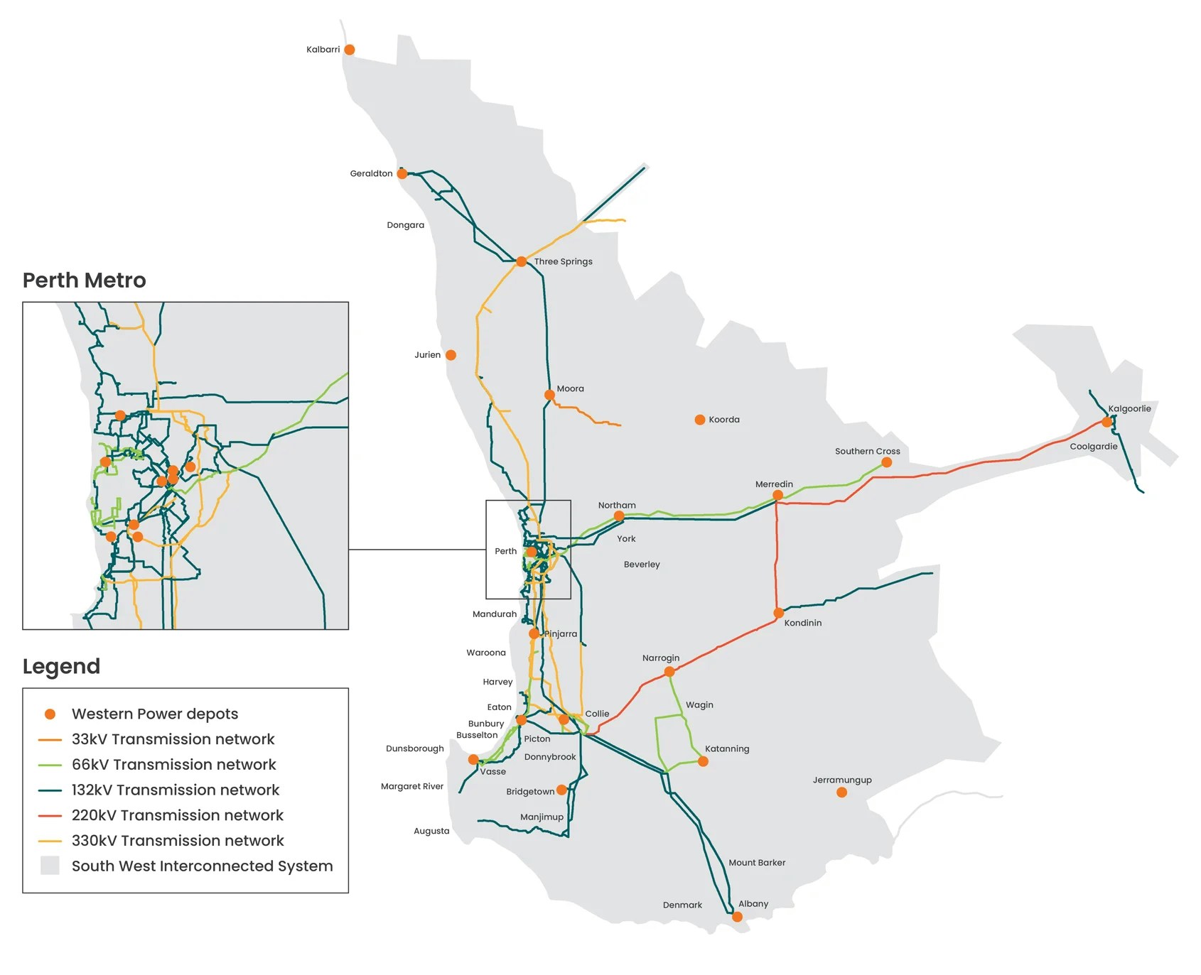 Map of the Wholesale Electricity Market showing isolated network in Western Australia