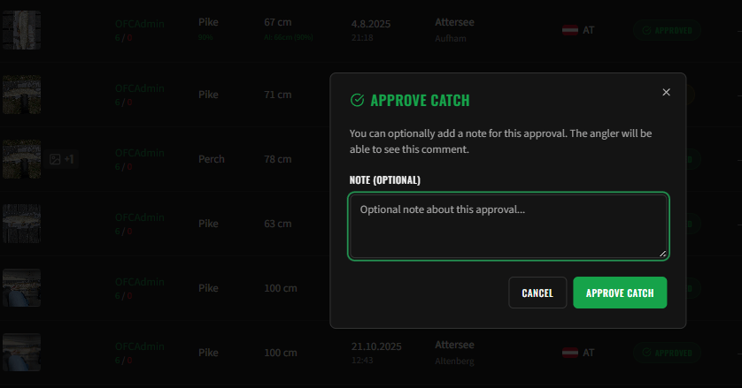 Approve catch dialog with optional admin comment