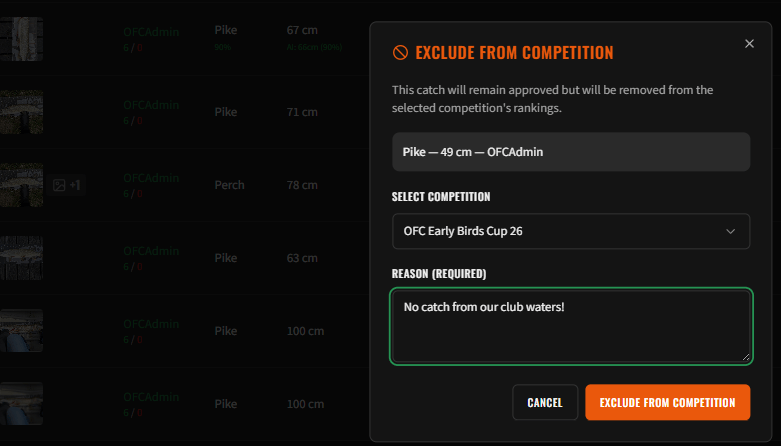 Exclude from competition dialog with reason field